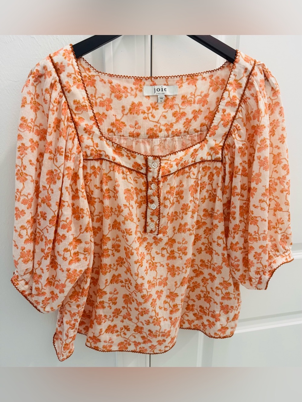 Joie Pullover Button Down Blouse with Orange Floral Print XL